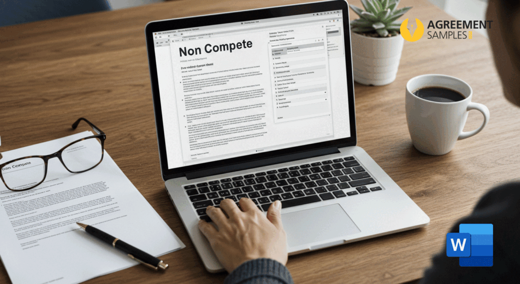 Person at desk reviewing a non-compete agreement on a laptop with a printed copy, pen, and coffee, screen heading not visible.