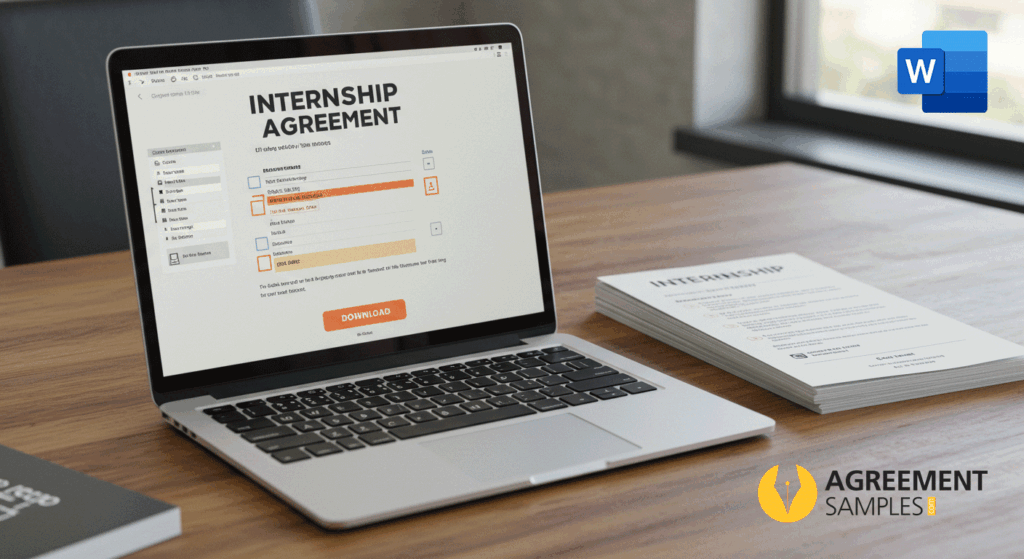 Desk with laptop showing internship agreement template and printed cover page ready for download