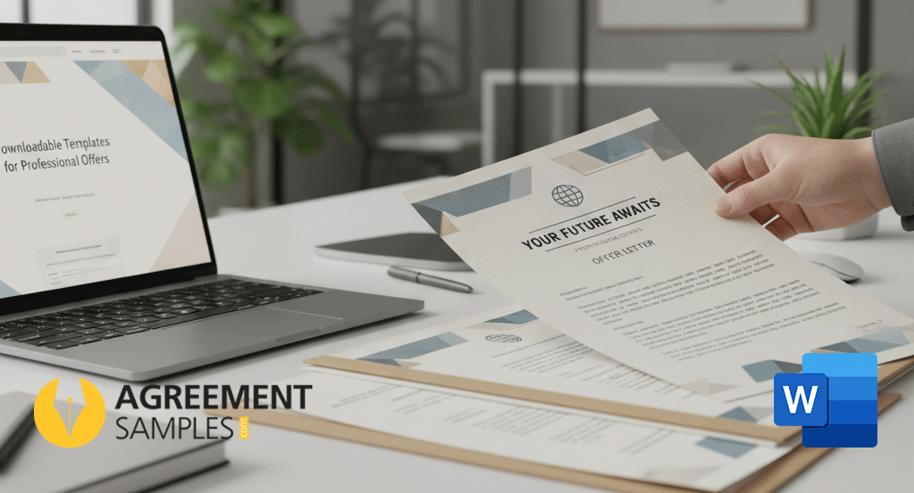 Printed employment offer letter with a crafted cover page on a desk, symbolizing professional, ready-to-use downloadable templates.