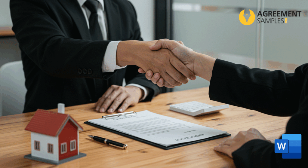 Confident real estate agent shaking hands with a client after signing an agreement, symbolizing success and growth in real estate deals