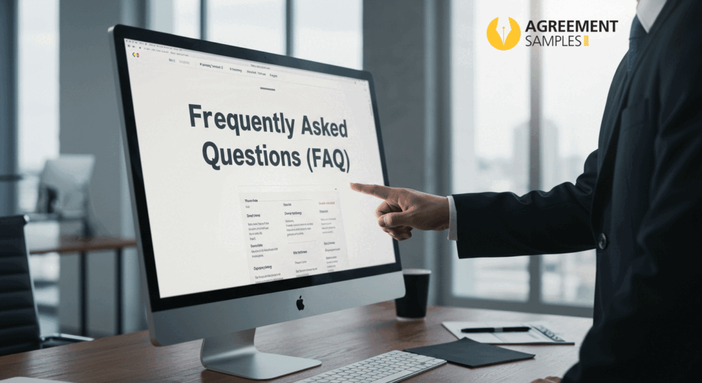 Professional pointing at a computer screen showing the heading 'Frequently Asked Questions (FAQ)' with the rest of the content blurred.