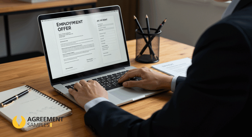 HR manager editing an employment offer letter template on a laptop, showing the step-by-step process of customizing and finalizing templates.
