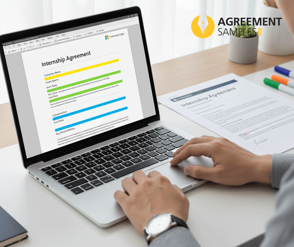 Laptop showing editable internship agreement template with placeholders and printed copy on desk