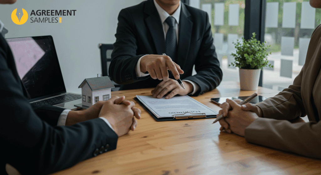 Real estate agent discussing important points of an agency agreement with clients in a modern office