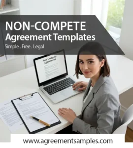 Professional businesswoman working on a laptop with non-compete agreement documents, representing free downloadable Word templates