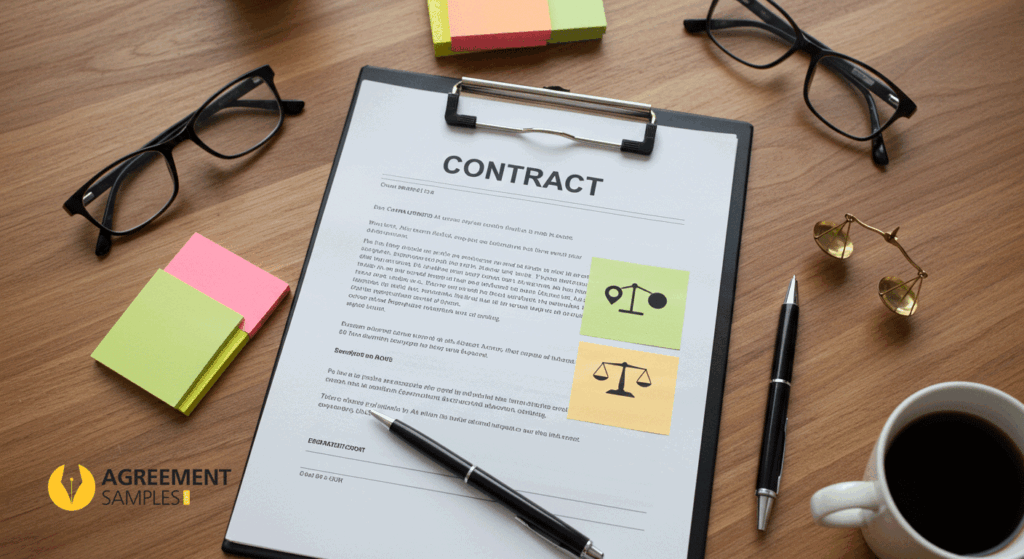 Contract on desk with highlights and icons symbolizing key non-compete agreement clauses like duration, scope, and fairness.