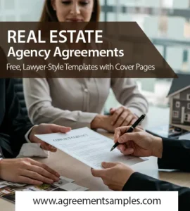 Real estate agent reviewing and signing an agency agreement with clients in a modern office