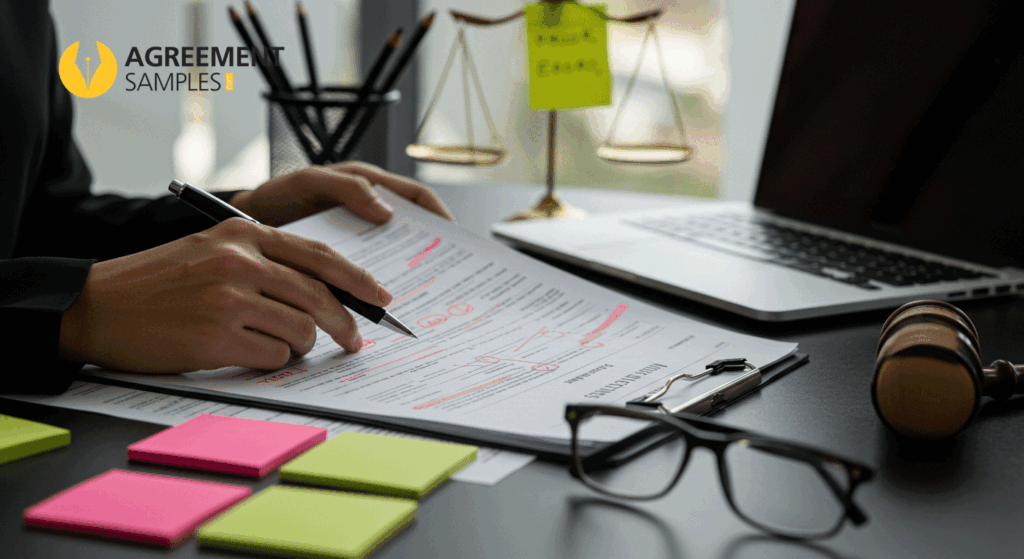 Common mistakes to avoid when drafting severance agreements, showing errors marked on legal documents.