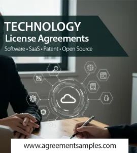 Legal counsel and product lead reviewing a technology license agreement on a laptop in a modern office