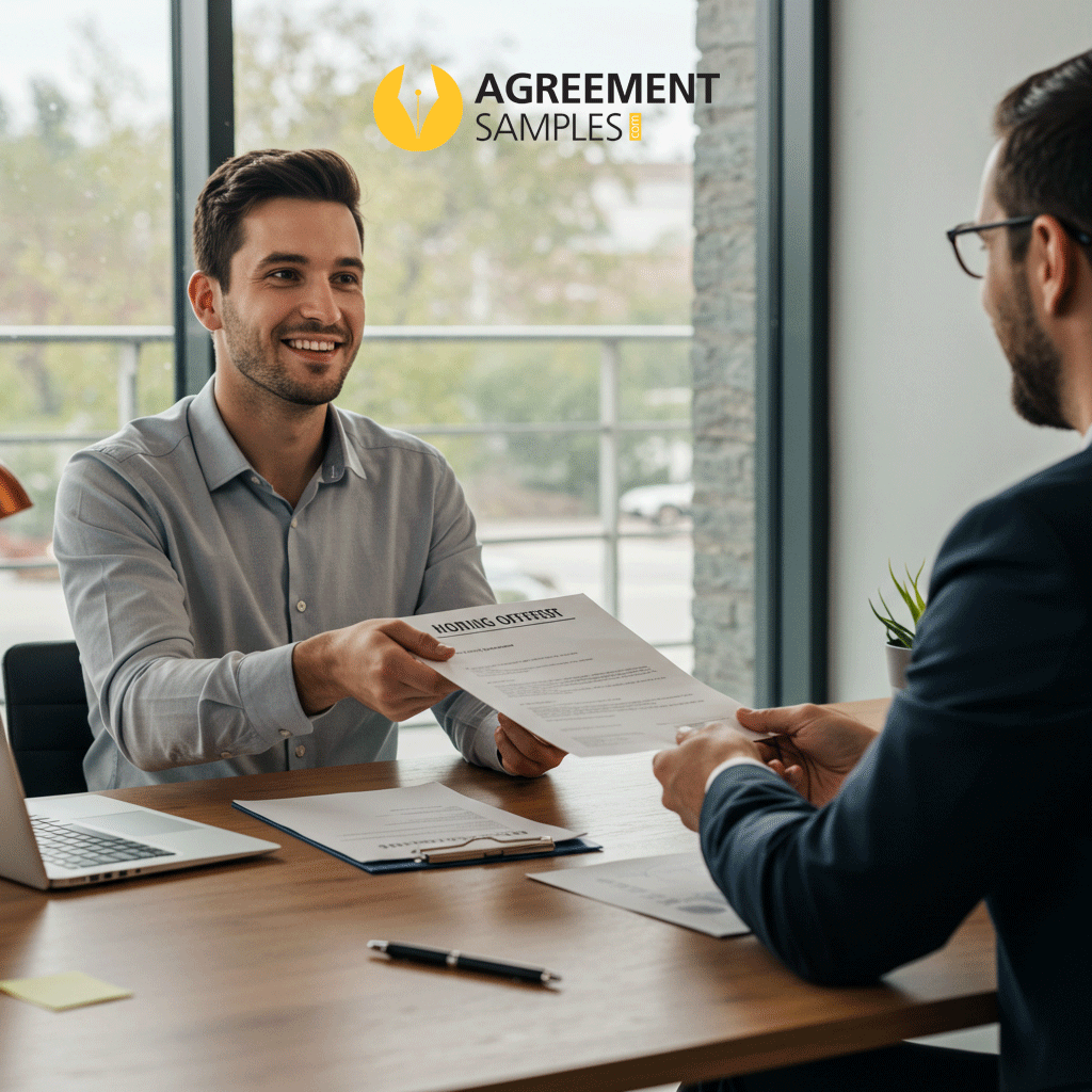 Employer giving a printed offer letter to a job candidate in a modern office, representing professionalism and clear employment agreements.