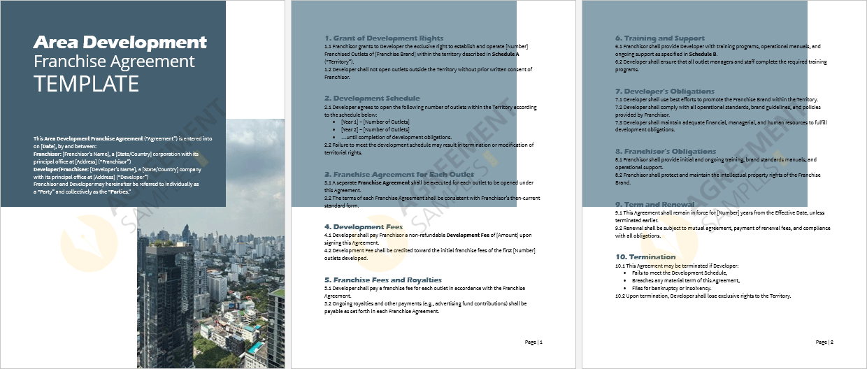 Full view of the Area Development Franchise Agreement Template in Word format ready for customization and download.