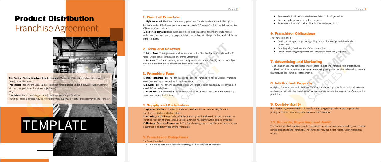 Full view of the Product Distribution Franchise Agreement Template illustrating structure sections and formatting
