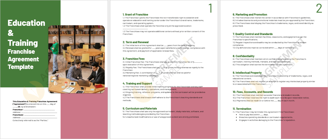 Complete document view of the Education and Training Franchise Agreement Template in Word and PDF format