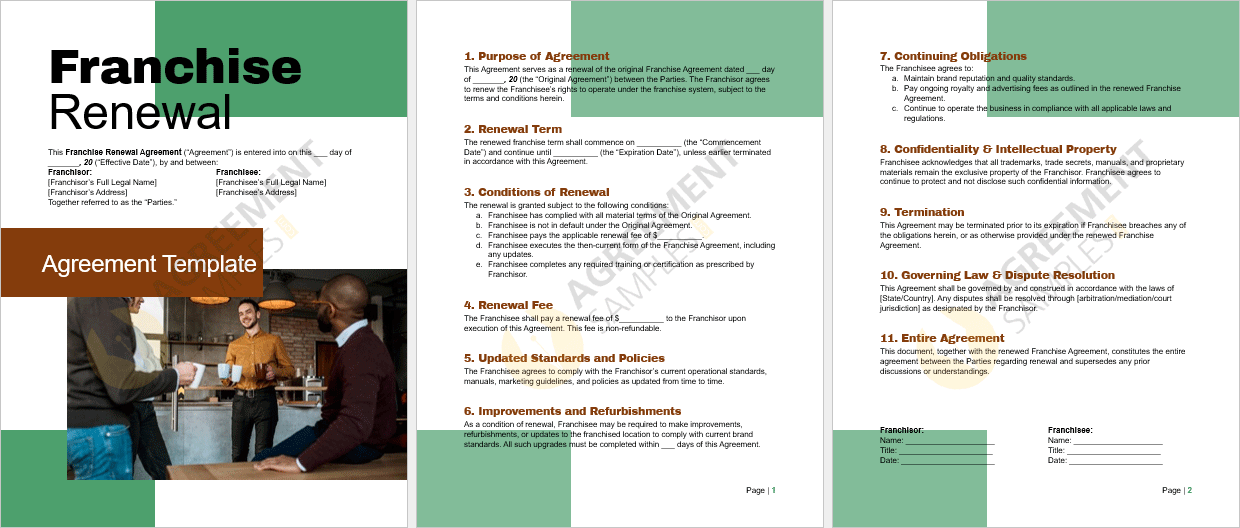 Full view of the Franchise Renewal Agreement Template showing all sections including renewal terms fees and obligations