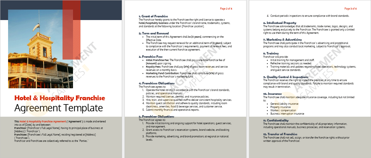 Full view of the Hotel and Hospitality Franchise Agreement Template document displaying professional formatting and comprehensive legal coverage for hotel and hospitality franchising
