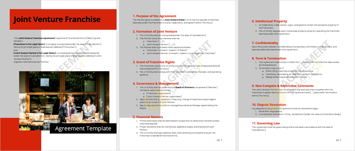 Full view of the Joint Venture Franchise Agreement Template showcasing detailed franchise governance and joint venture provisions