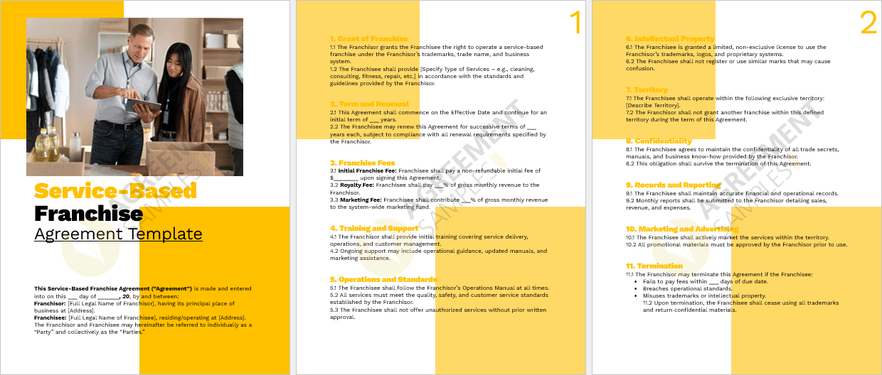 Full document view of the service based franchise agreement template in editable format