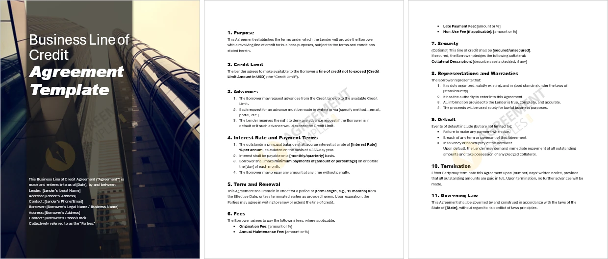 Complete business line of credit agreement document with detailed terms and sample formatting