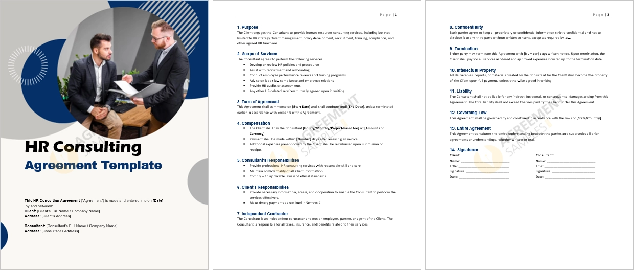 Full HR Consulting Agreement Template displaying complete contract pages and detailed terms