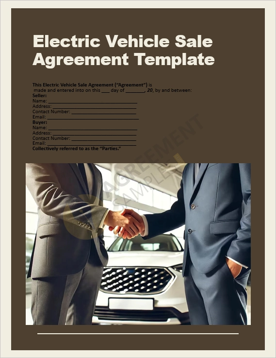 Cover page of electric vehicle sale agreement template showing professional document layout
