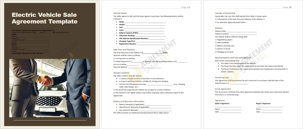 Full view of electric vehicle sale agreement template including payment delivery and signature sections