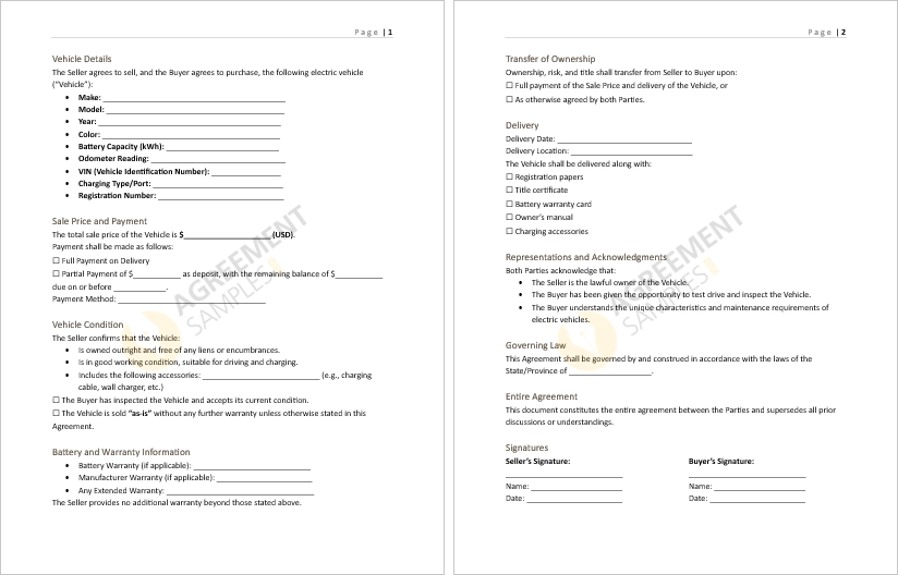 Inside preview of electric vehicle sale agreement template with vehicle and battery details section