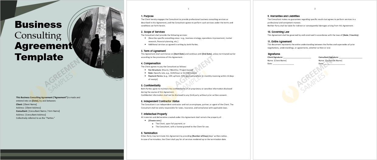 Complete Business Consulting Agreement Template showing terms scope of services and signature section
