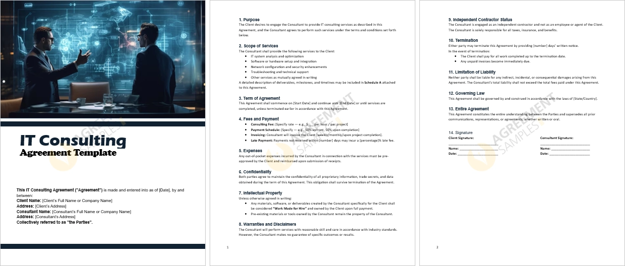 complete view of IT Consulting Agreement Template showcasing all contract sections including scope payment and signatures