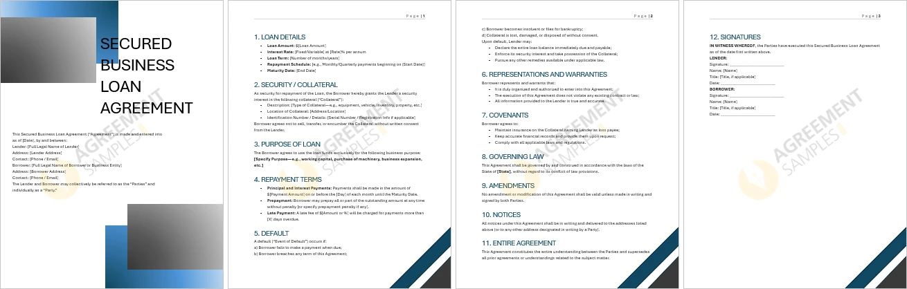 Complete Secured Business Loan Agreement document showing full layout and sample clauses