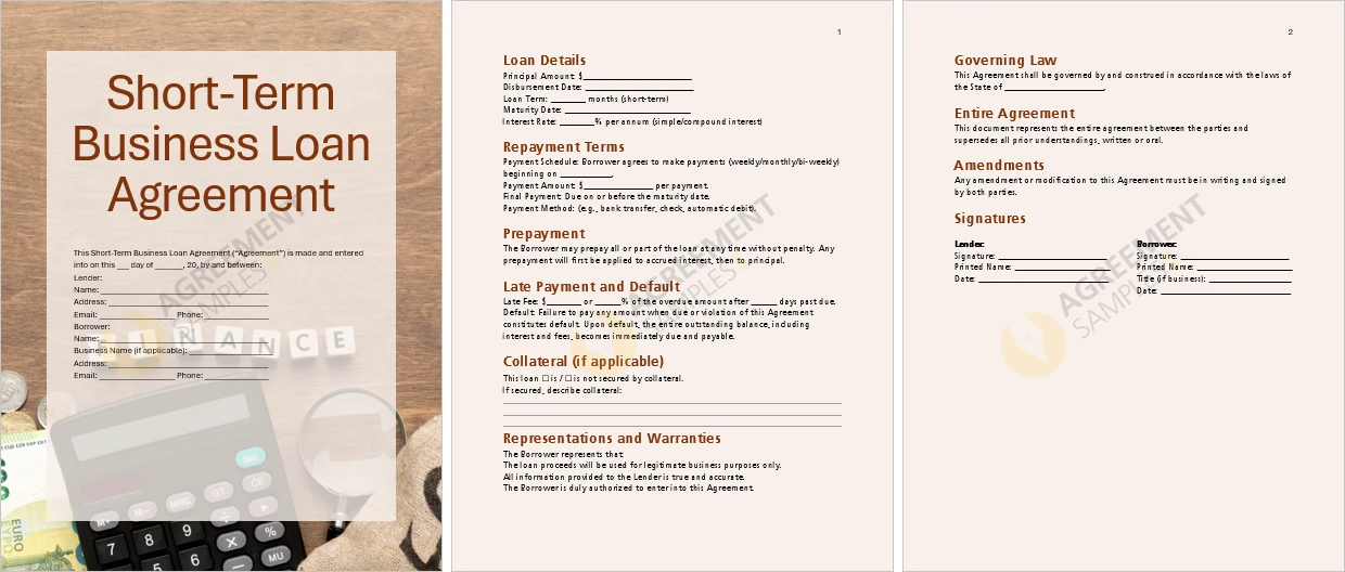 Complete view of Short Term Business Loan Agreement Template showing full document structure and formatting