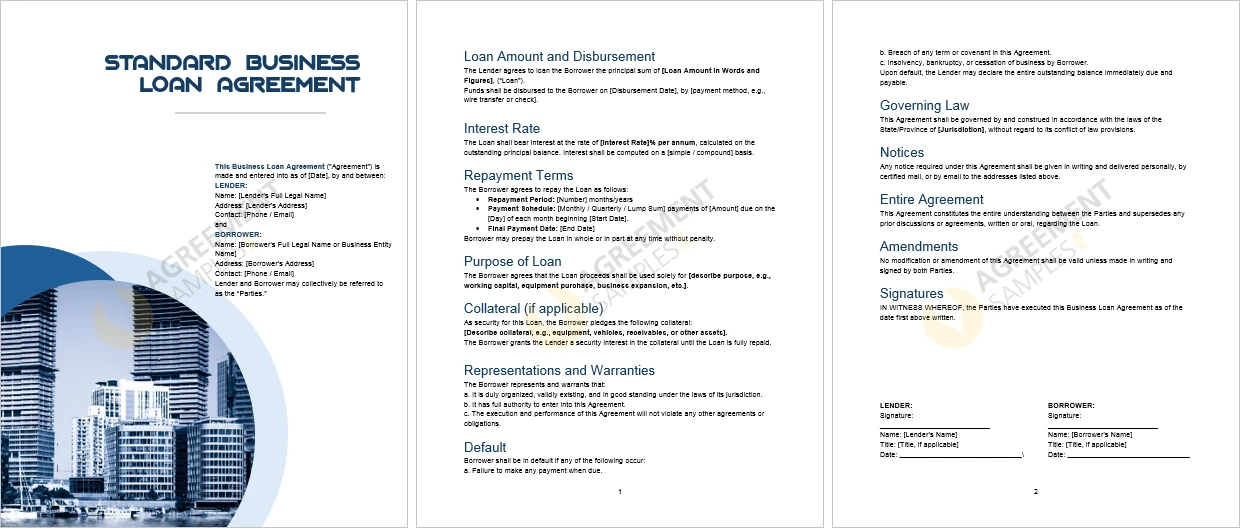 Full view of the Standard Business Loan Agreement Template showing complete clauses loan amount interest rate and signature section