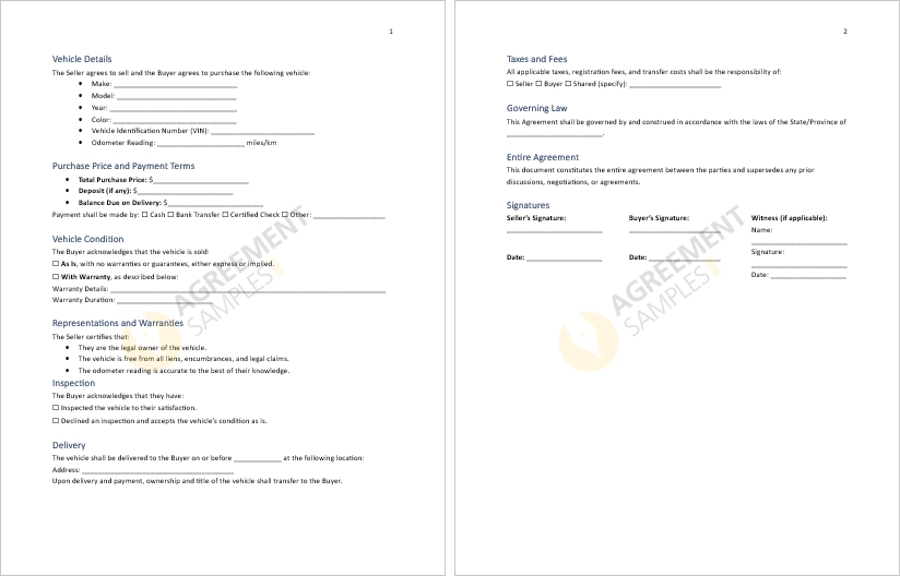 Inside preview of Standard Vehicle Sales Agreement showing vehicle details and payment section