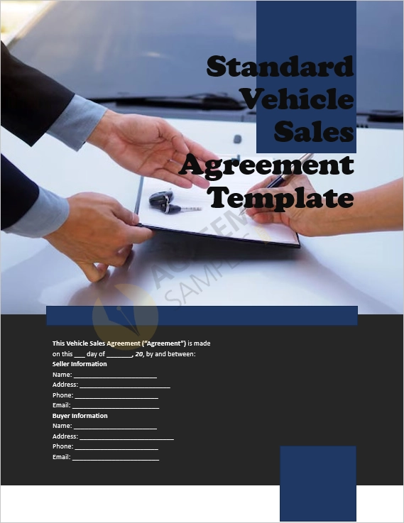 Standard Vehicle Sales Agreement Template cover page showing professional layout and document title