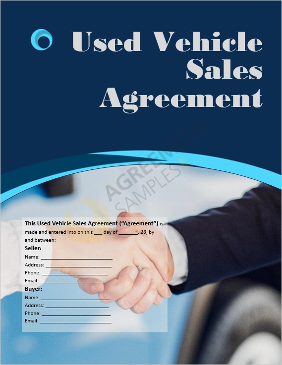 Used Vehicle Sales Agreement Template cover page showing professional document layout