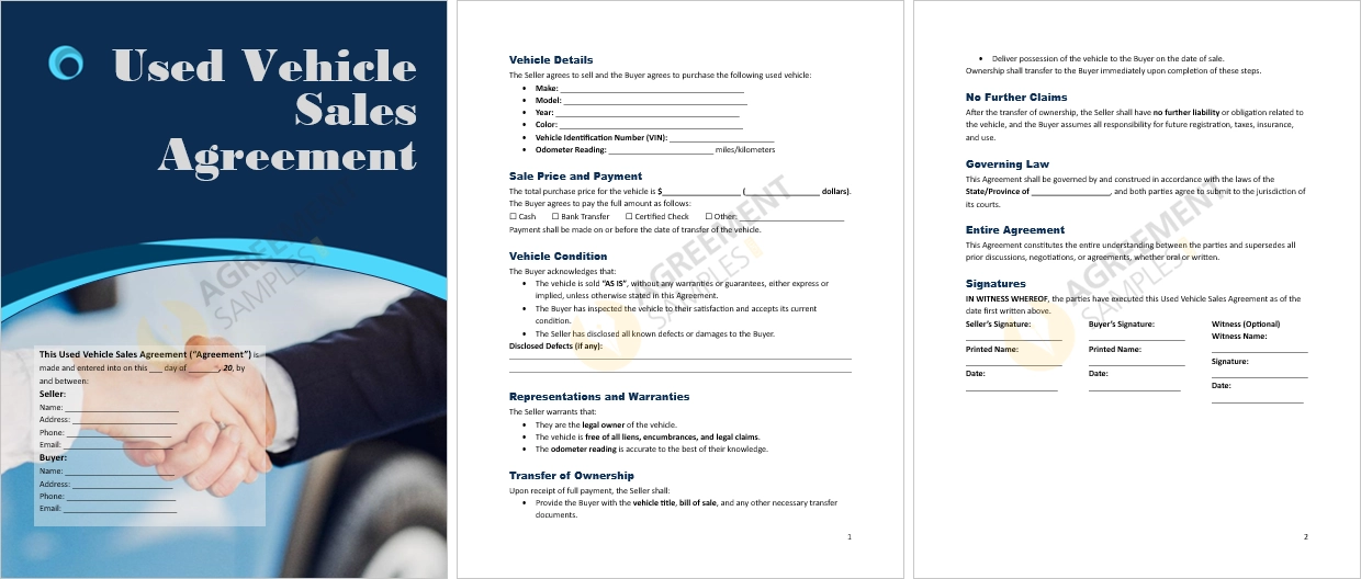 Complete Used Vehicle Sales Agreement Template showing clauses and signature sections