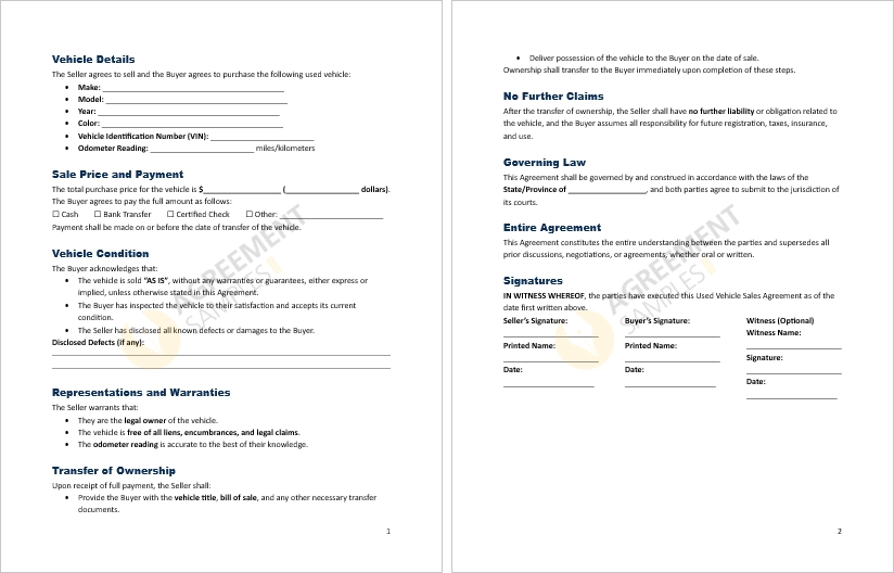 Inside preview of Used Vehicle Sales Agreement Template highlighting vehicle details and payment section
