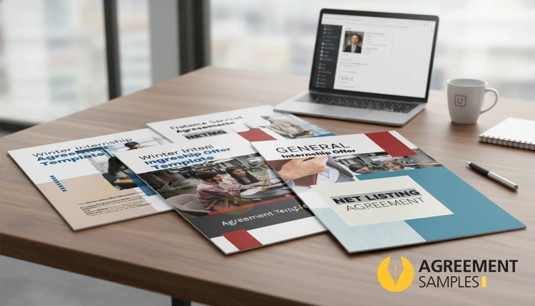 Multiple agreement template cover pages displayed on a professional workspace desk