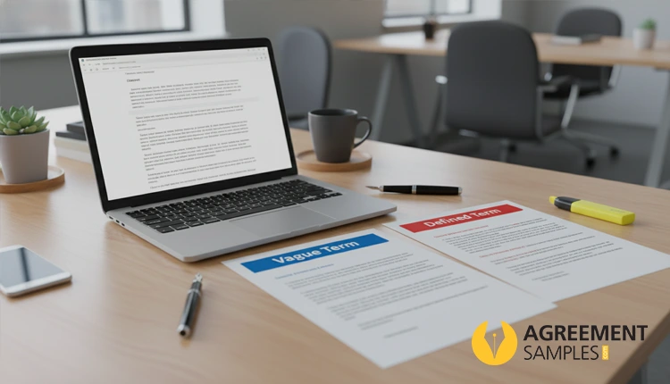 Defining key terms in a free agreement template showing vague vs clear terms