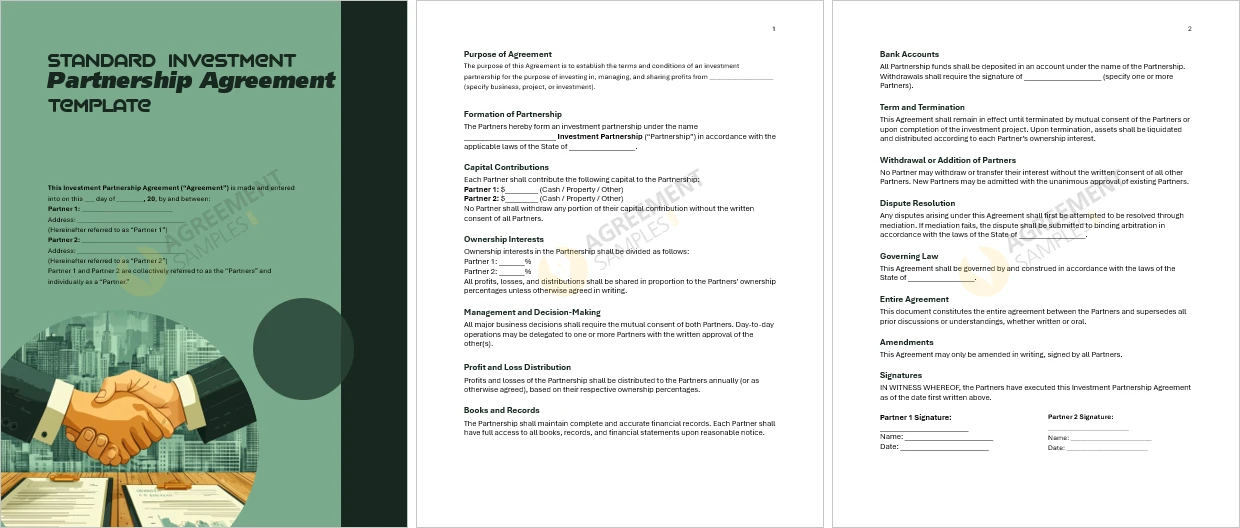 Full view of Standard Investment Partnership Agreement Template displaying complete sections and structure