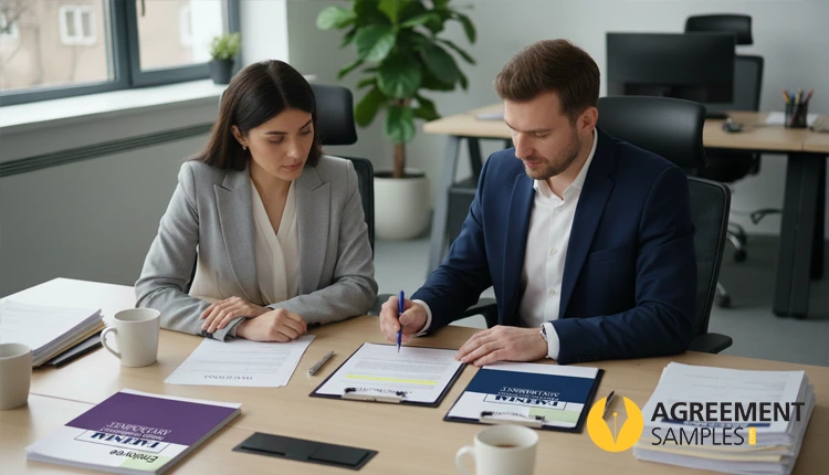 Clearly defined parties in an agreement template with two people reviewing contract