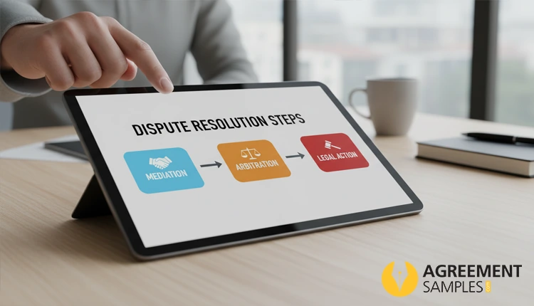 Dispute resolution example in an agreement template showing mediation arbitration and legal steps