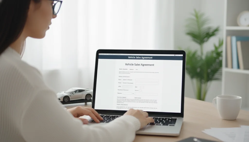 person filling out vehicle sales agreement template on laptop with car key on desk