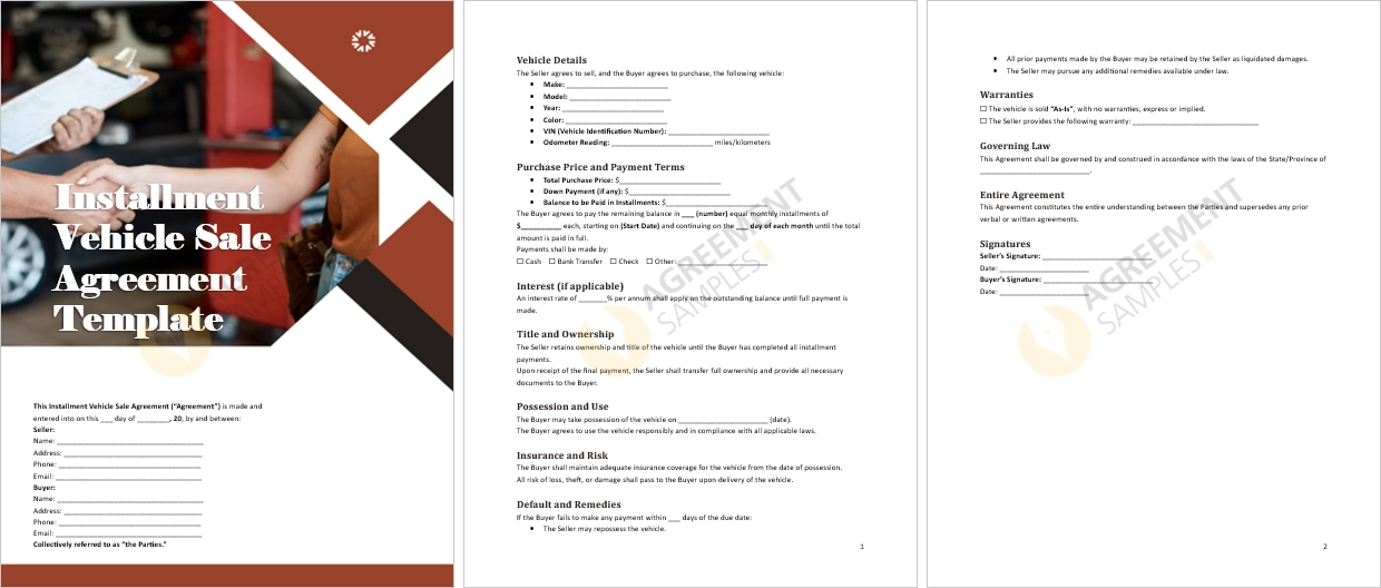 Full view of Installment Vehicle Sale Agreement Template including clauses for title ownership and installment payments