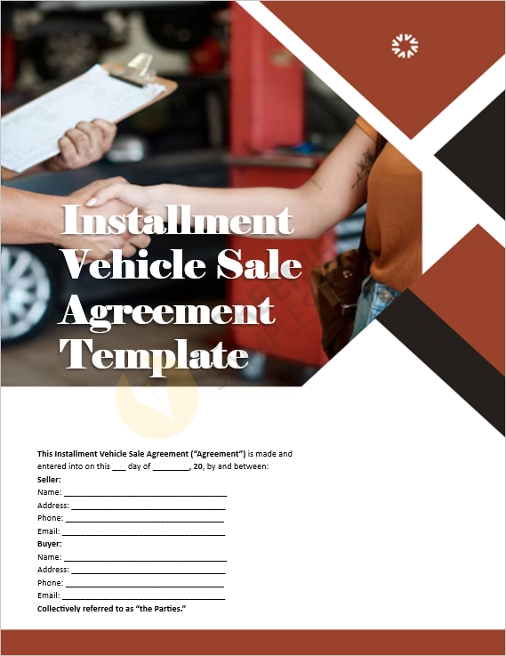 Installment Vehicle Sale Agreement Template cover page showing professional document layout