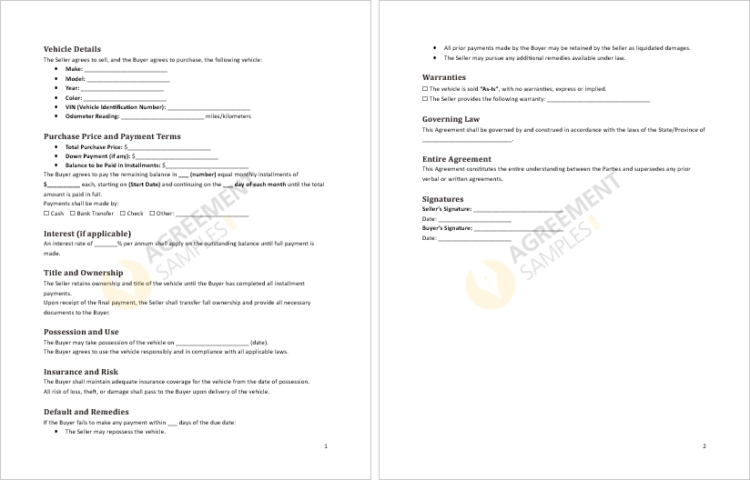 Inside preview of Installment Vehicle Sale Agreement Template showing payment terms and vehicle details sections