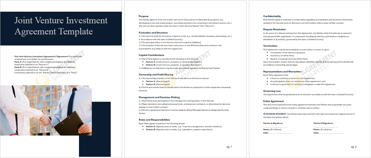 Complete view of Joint Venture Investment Agreement Template document with formatted legal text