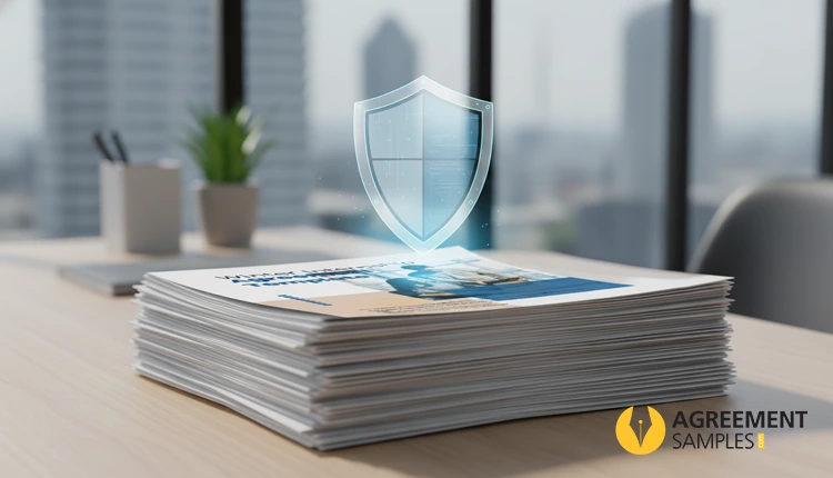 Liability and indemnification clause example in an agreement template with protective shield icon