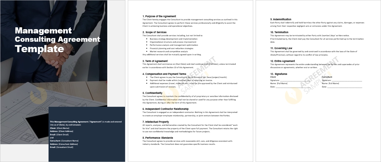 Complete management consulting agreement template with detailed clauses and layout