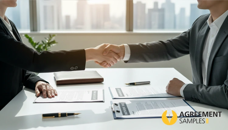 Example of clearly defined parties in an agreement template with two people shaking hands