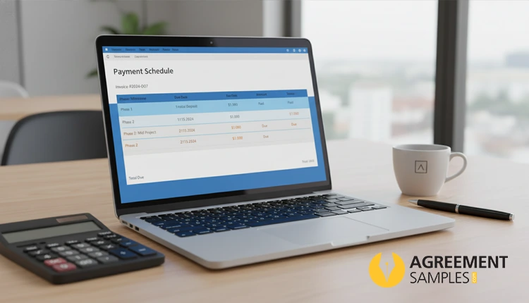 Payment schedule example in an agreement template displayed on a laptop screen